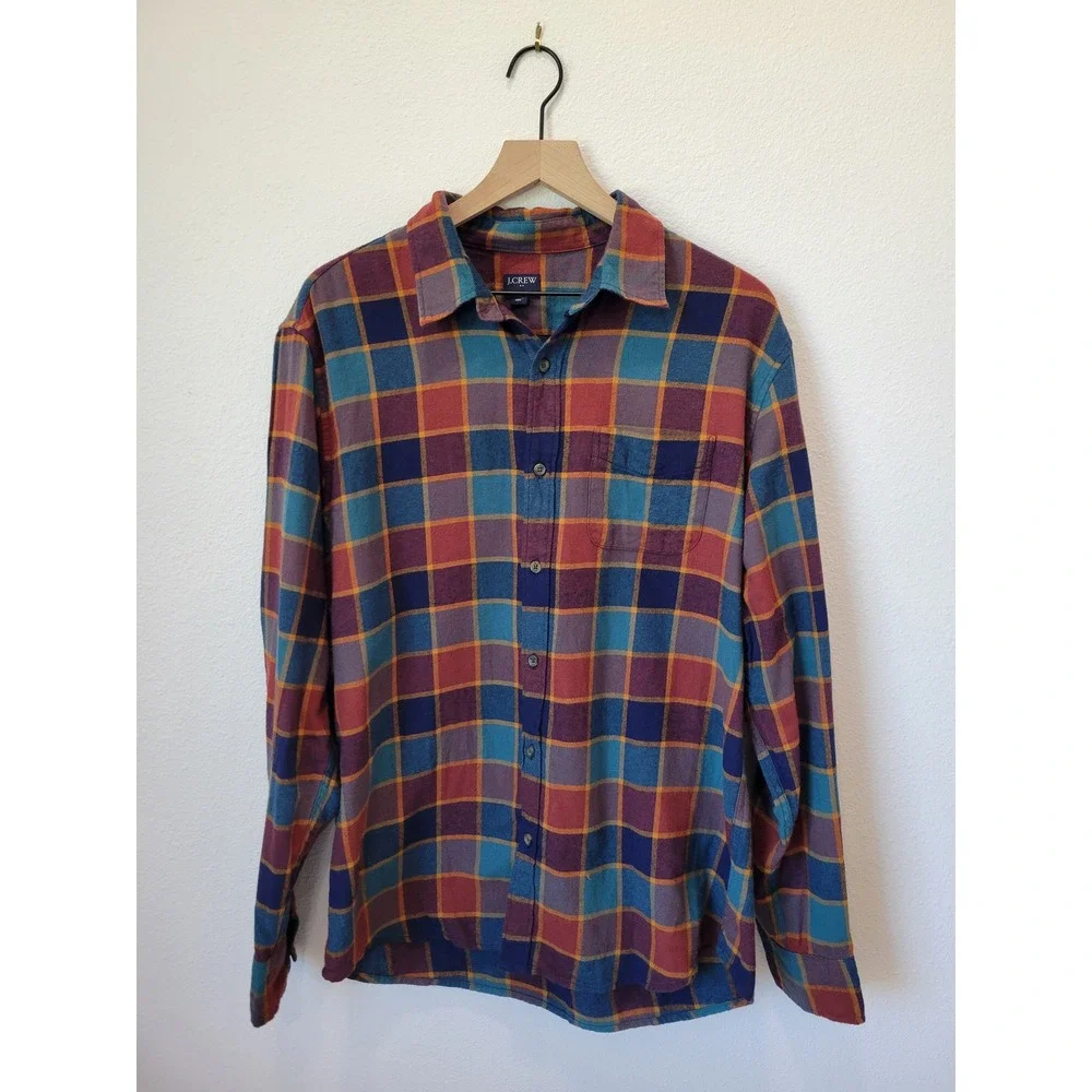 J.Crew Flannel Plaid Button Front Shirt Large Blue Burgundy Fall Cotton
